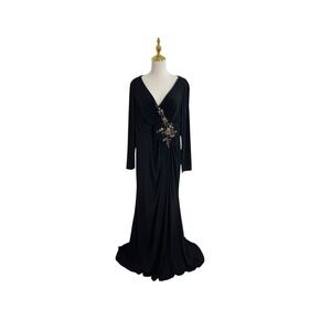 Mac Duggal Black Dress Appliqué Long-Sleeve Gown Size 14 NWT $398
